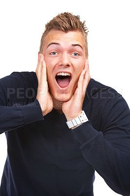 Buy stock photo Excited, man and portrait of winning a surprise, lottery and giveaway bonus in white background or studio. Happy, face or wow emoji with person screaming in shock or celebration of deal announcement