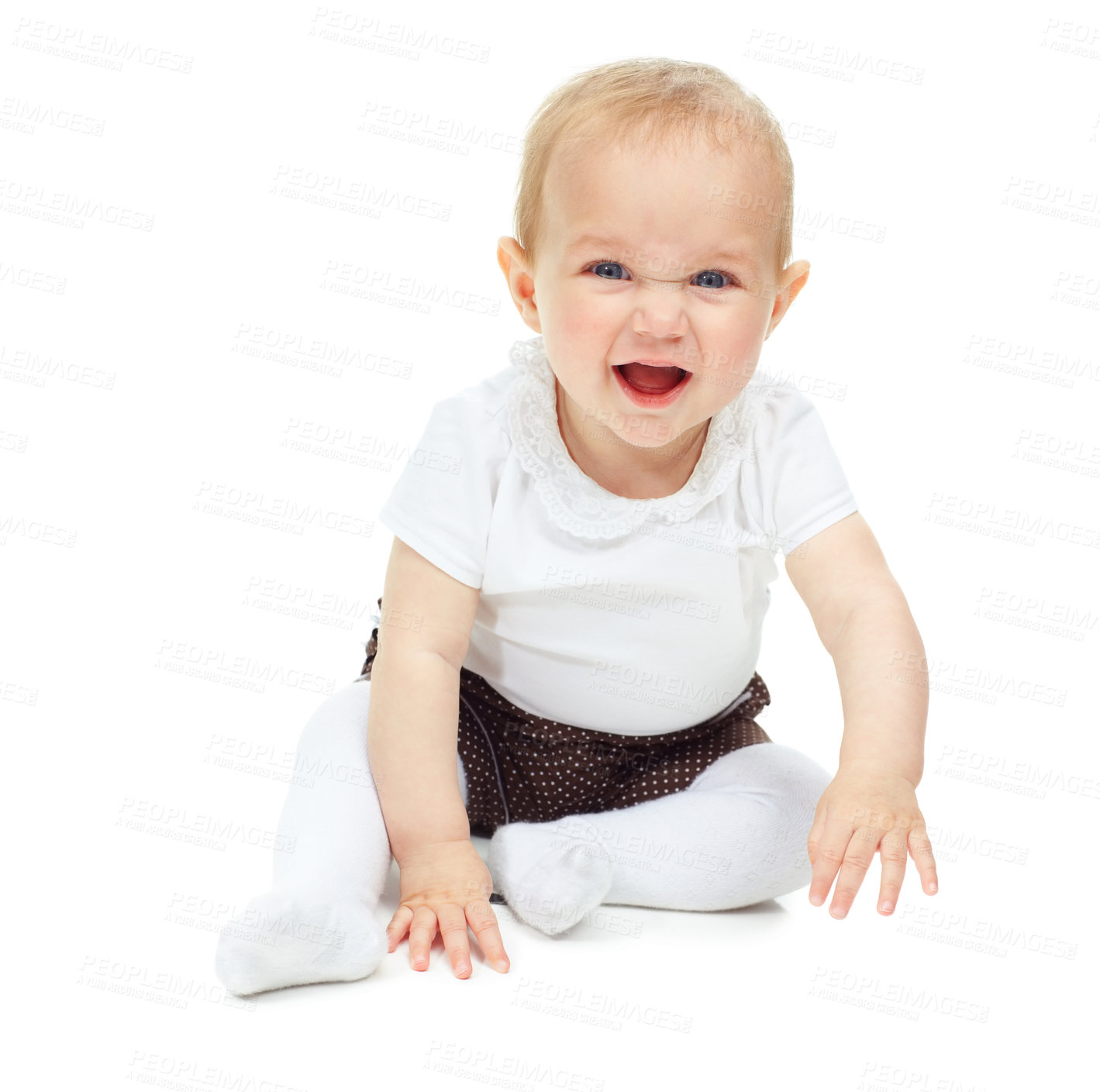Buy stock photo Excited, portrait of kid and baby on floor in studio isolated on a white background mockup space. Happy child, infant and cute blonde toddler or adorable newborn, healthy and funny laugh or smile