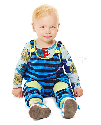 Buy stock photo Young, portrait of kid and baby on floor in studio isolated on a white background mockup space. Cute child, infant and adorable blonde toddler and newborn boy, healthy and childhood development.