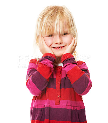 Buy stock photo Portrait, girl and kid with a smile, excited and happiness isolated on a white studio background. Face, person and model with joy, childhood and Canada with mockup space, reaction and emotions