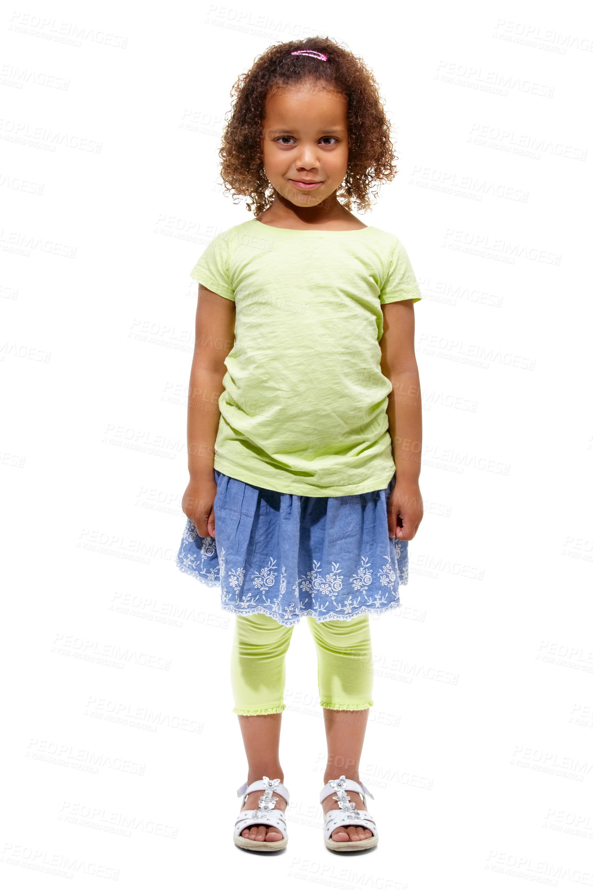 Buy stock photo Cute, African child and portrait of young girl in a studio with happiness and kids fashion. White background, full body and smile of kid with youth and children style feeling confident from clothing