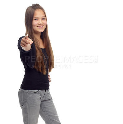 Buy stock photo Teenager, portrait and pointing in studio for winner or we want you, join us or announcement. Child, face as hand gesture for opportunity deal or recruitment or invitation, mockup at white background