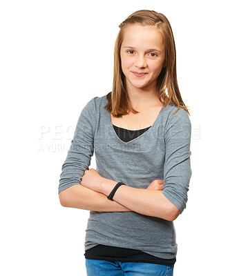 Buy stock photo Teenager, girl and portrait smile with arms crossed standing isolated against a white studio background. Young female teen person or model smiling and posing in confidence with casual clothing