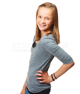 Buy stock photo Young teen, portrait and happy girl in a studio with a smile and youth confidence. White background, female teenager and person with casual fashion and teens style with happiness of model mockup