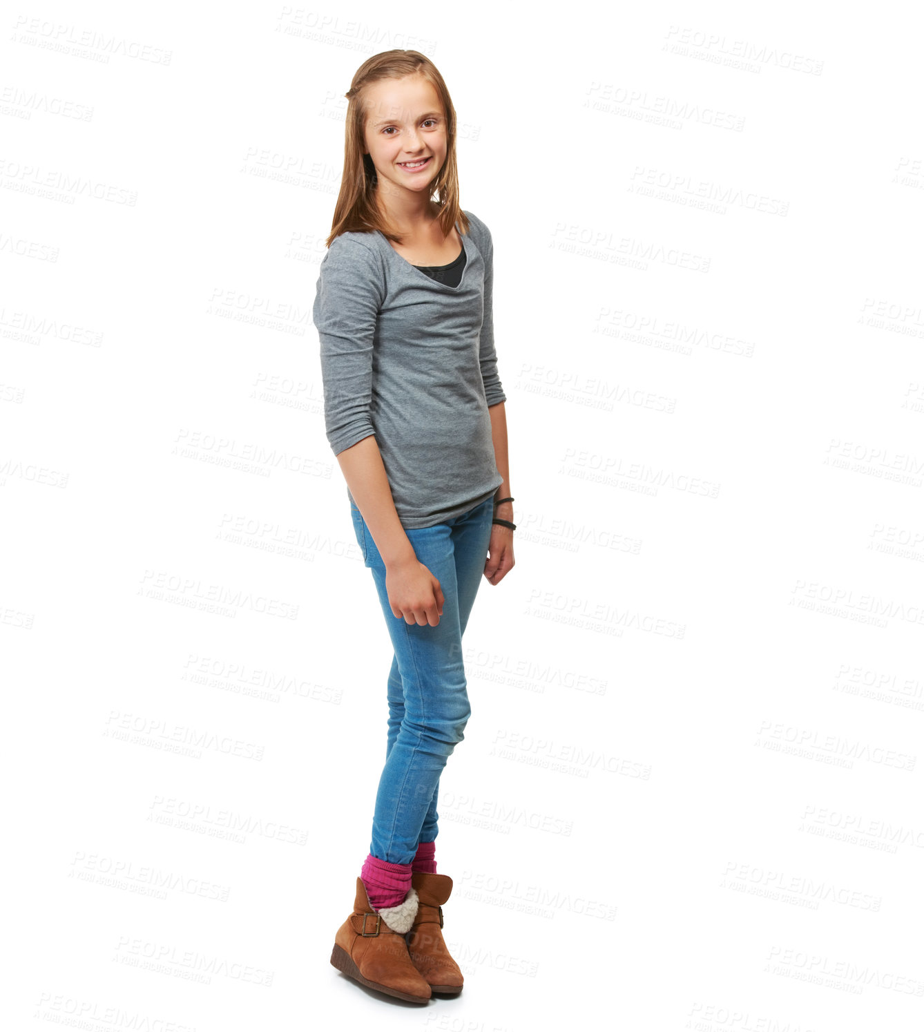 Buy stock photo Studio, full portrait and a happy teenage girl for fashion or beauty or pose and standing against a white background. Style, face and young girl smile or child model confident in jeans and shirt 