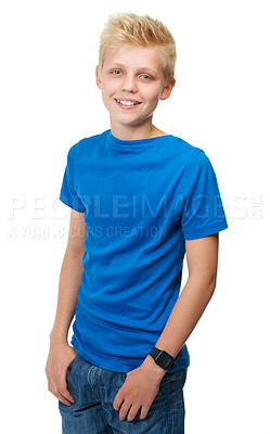 Buy stock photo Portrait, children and fashion with a boy in blue in studio isolated on a white background for trendy style. Smile, kids or casual clothes with a happy young male child standing hands in pockets