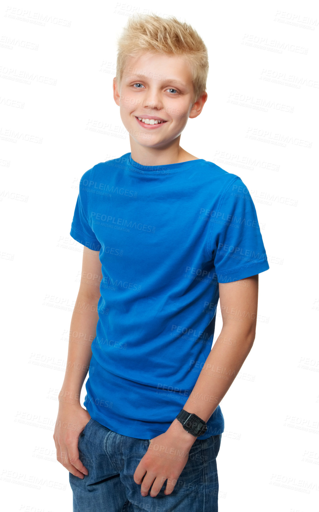 Buy stock photo Portrait, children and fashion with a boy in blue in studio isolated on a white background for trendy style. Smile, kids or casual clothes with a happy young male child standing hands in pockets