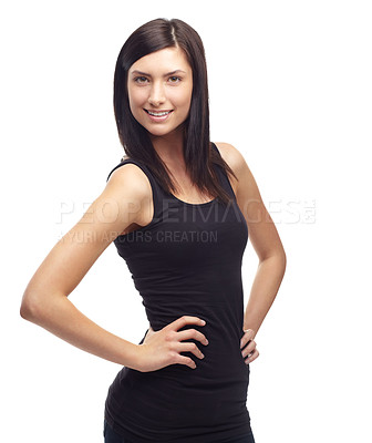 Buy stock photo Happy woman, portrait and confidence in fashion, style or clothing isolated against a white studio background. Face of attractive young female person or model smile and posing with hands on hips