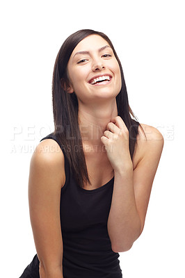 Buy stock photo Happy woman, portrait and laughing in humor for funny joke or meme isolated against a white studio background. Face of young attractive female person or model smile and laugh in joy for comedy