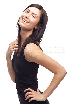 Buy stock photo Happy woman, portrait and fashion of attractive model posing in fitness or flirt against a white studio background. Face of young female person or athlete smile posing for healthy body and wellness