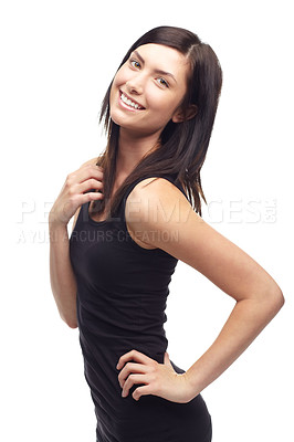 Buy stock photo Happy young woman, portrait and fashion in confidence or style against a white studio background. Isolated female person or model face smile with slim body for fitness, health or wellness on mockup