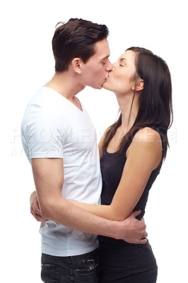 Buy stock photo Happy couple, kiss and hug with love in studio mockup, romance and care in committed relationship for bonding. Young man, woman and date for marriage loyalty, support and together by white background