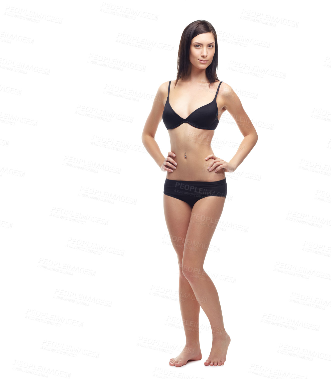 Buy stock photo Young woman, portrait and full body in underwear to lose weight, slim or diet against a white studio background. Attractive female person or model posing in lingerie for health and wellness on mockup
