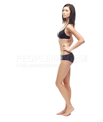 Buy stock photo Woman, portrait and full body in underwear on mockup to lose weight or diet against a white studio background. Young attractive female person or slim model posing in lingerie for health and wellness