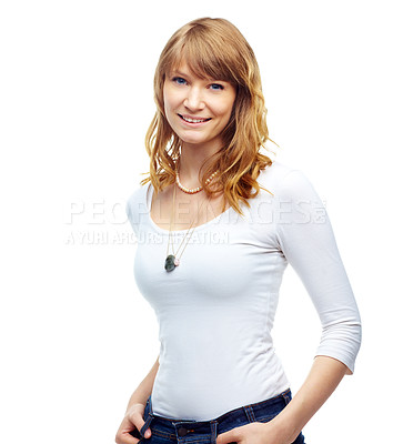 Buy stock photo Studio portrait of a beautiful young woman standing against a white background