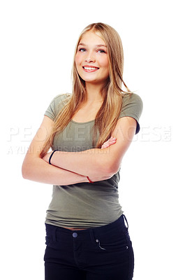 Buy stock photo Portrait, fashion and beauty with a model woman arms crossed in studio isolated on a white background. Smile, happy and designer clothing with an attractive young female posing for contemporary style