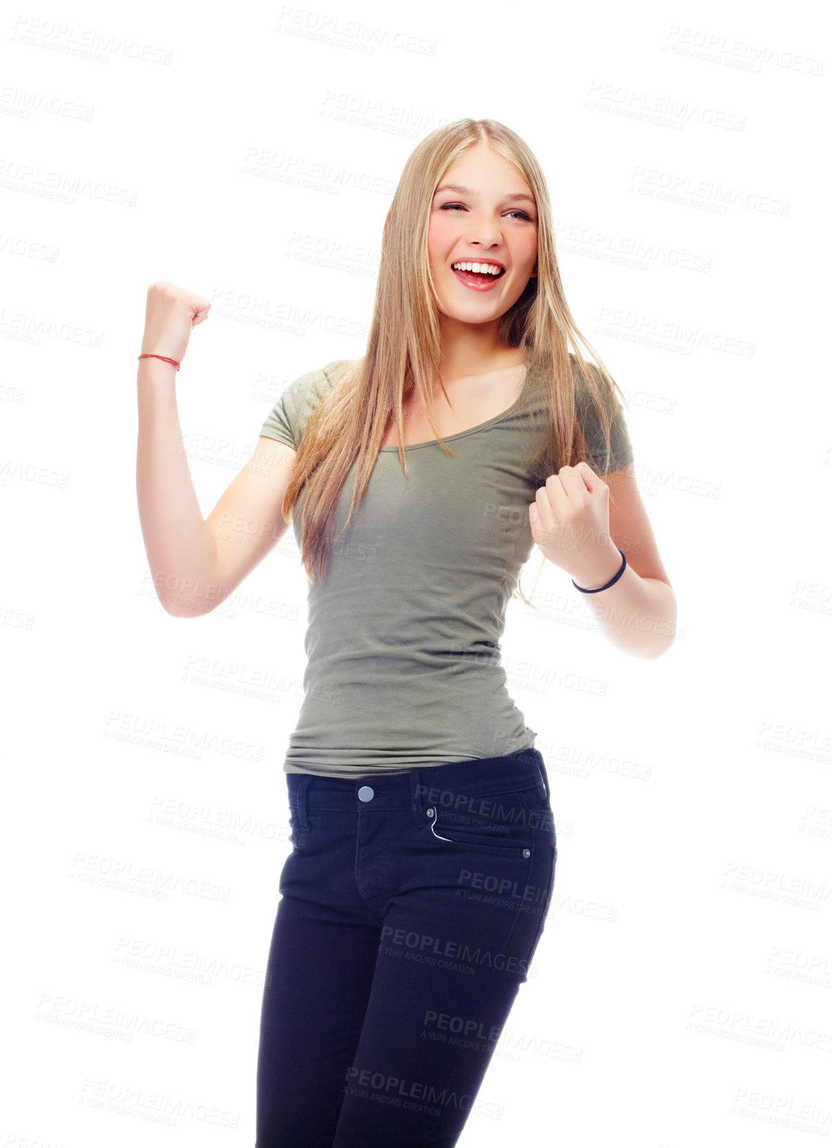 Buy stock photo Winner, yes and woman in studio with fist sign for celebration, winning or success for goals achievement. Happy, yes and excited young student or teenager celebrate with hands in air with mockup