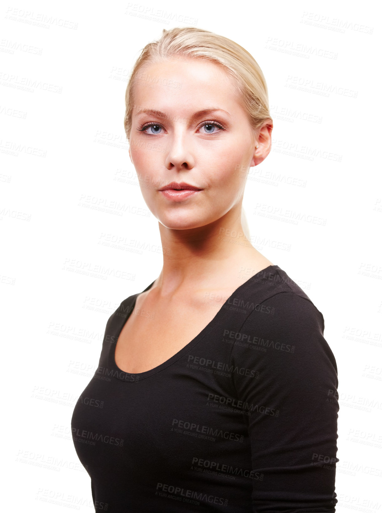 Buy stock photo Blonde woman, portrait and casual fashion in confidence isolated on a white studio background. Face of attractive or confident young female person or model with ambition or mindset on mockup space