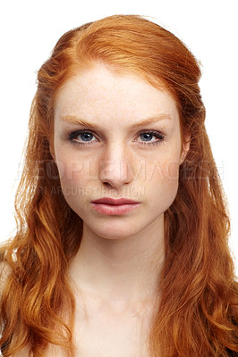 Buy stock photo Serious, girl and woman with portrait, redhead and beauty isolated on a white studio background. Face, person and model with mockup space, confident and hair with peace, Edinburgh and ginger