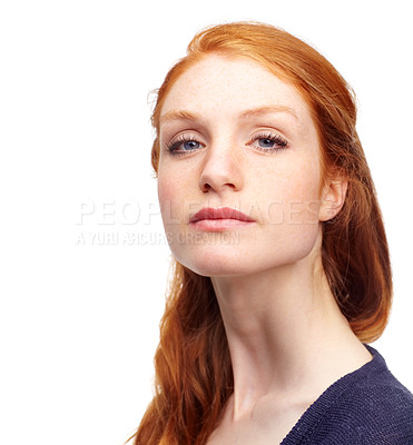 Buy stock photo Portrait, person and woman with confidence, redhead and beauty isolated on a white studio background. Face, girl and model with mockup space, casual and freckles with promotion, Edinburgh and ginger