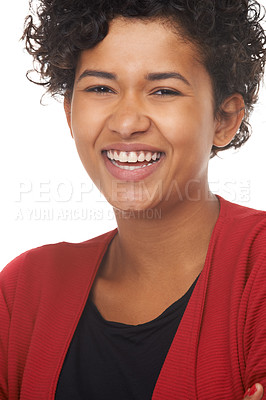 Buy stock photo Woman, laughing and face in portrait, studio and funny joke or comedy, fun and white background. Female person, silly and humor or goofy, comic and positive mindset or excited, freedom and backdrop