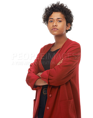 Buy stock photo Portrait of a gorgeous young woman with her arms folded