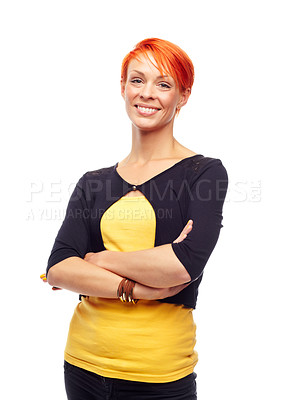 Buy stock photo A young redhead crossing her arms while isolated on a white background