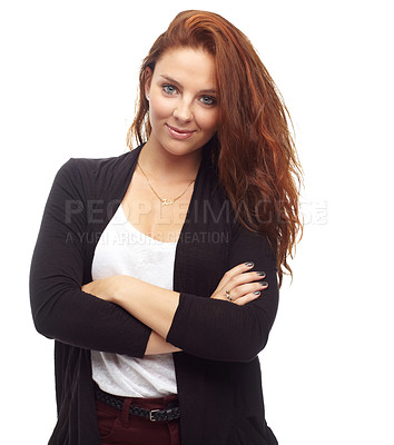Buy stock photo Business, woman and portrait with arms crossed in studio for startup, career growth and service on white background. Entrepreneur, person or face with confidence, happy and pride for positive mindset
