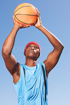 Buy stock photo Man, basketball and player for point in blue sky for fitness challenge or sports train game, match as athlete. Black person, dunk in summer win or goal shoot score in competition, confident on court