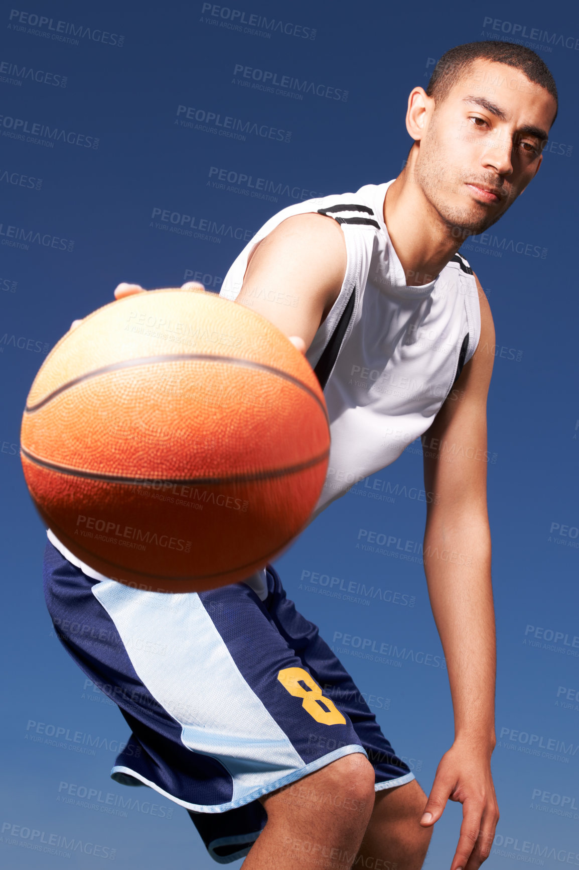 Buy stock photo Man, face and basketball outdoor for sport, fitness and wellness with training, workout or exercise. Athlete, person and ball for match, competition or performance with sportswear and concentration