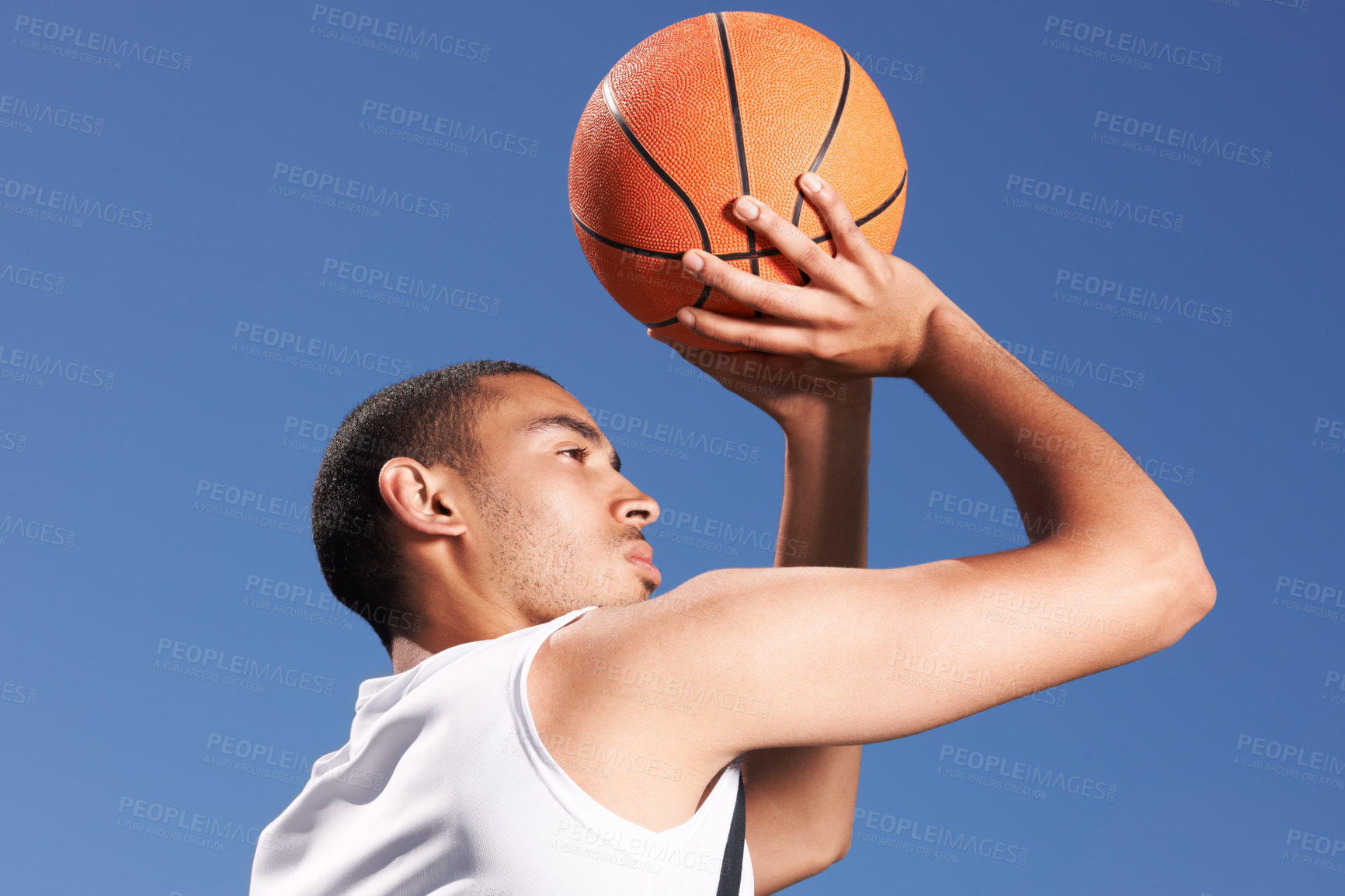 Buy stock photo Basketball, player and game shoot in blue sky on outdoor court as fitness challenge or sports train, match as athlete. Man, score and summer goal dunk or competition winner, strong skill or confident