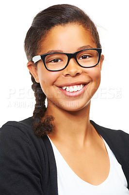 Buy stock photo Young, teen girl and student portrait with glasses and smile with happy face and white background. Isolated, young female teenager and happiness of a person smiling feeling proud of youth with mockup