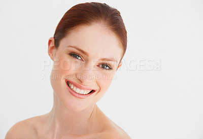 Buy stock photo Skincare, beauty and portrait of woman in studio for cosmetics, wellness and facial on white background. Dermatology, spa and happy face of female person with natural makeup, smooth and health skin