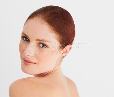 Buy stock photo Skincare, red hair and portrait of woman in studio for cosmetics, wellness and facial on white background. Dermatology, spa and face of female person with natural makeup, beauty and healthy skin