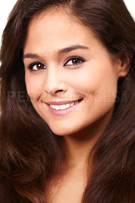 Buy stock photo Woman, portrait and smile with beauty for skincare, cosmetics or dermatology with glowing skin and makeup. Person, face or happiness with wellness, hair care and facial treatment for shine or closeup