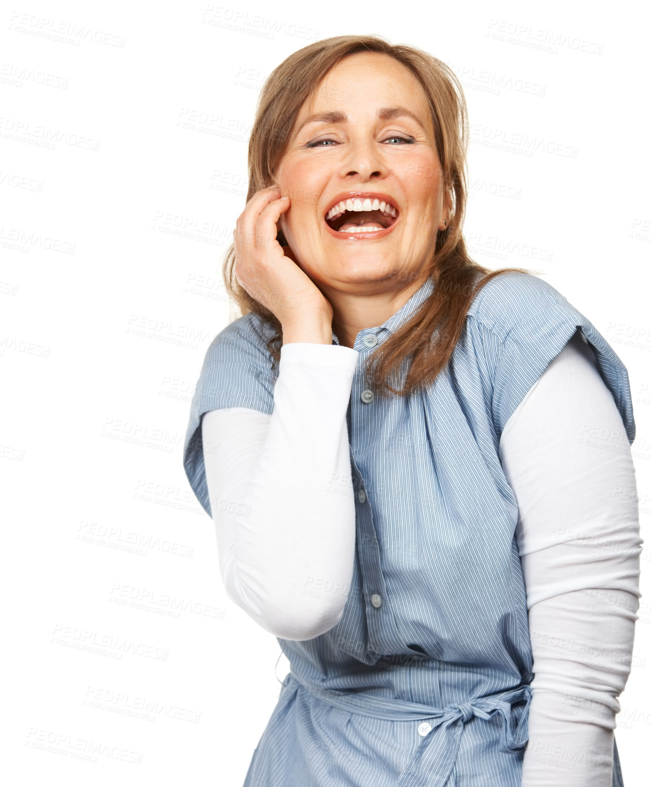 Buy stock photo Comic, happy and portrait of woman in a studio for funny and silly joke in conversation. Smile, excited and confident mature female model with goofy face expression isolated by white background.