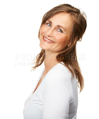 Buy stock photo Smile, portrait and mature woman in a studio with positive, good and confident attitude. Happy, excited and female model from Canada with makeup, cosmetic or beauty face isolated by white background.