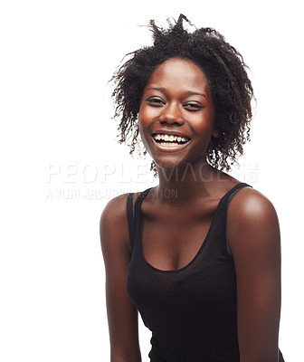 Buy stock photo Beauty hair care, face portrait and black woman in studio on a white background mock up. Skincare, makeup cosmetics and self love of female model with beautiful afro after salon treatment for growth.