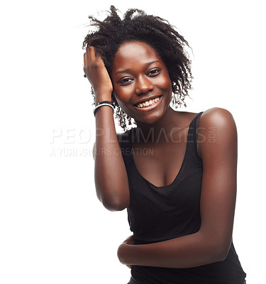 Buy stock photo Portrait, beauty and black woman with natural hair in studio for hair treatment against white background. Face, girl and haircare for positive African girl with curly, texture and afro while isolated