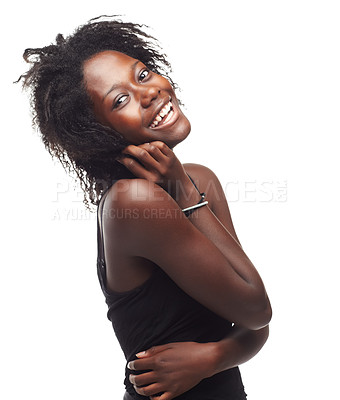 Buy stock photo Face portrait, hair care and beauty of black woman in studio on white background mock up. Makeup cosmetics, skincare and self love of female model with beautiful afro after salon treatment for growth