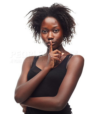 Buy stock photo Secret, skincare and portrait of a black woman in studio with beautiful, glow and healthy skin. Beauty, wellness and African female model with finger on mouth and positive mindset by white background
