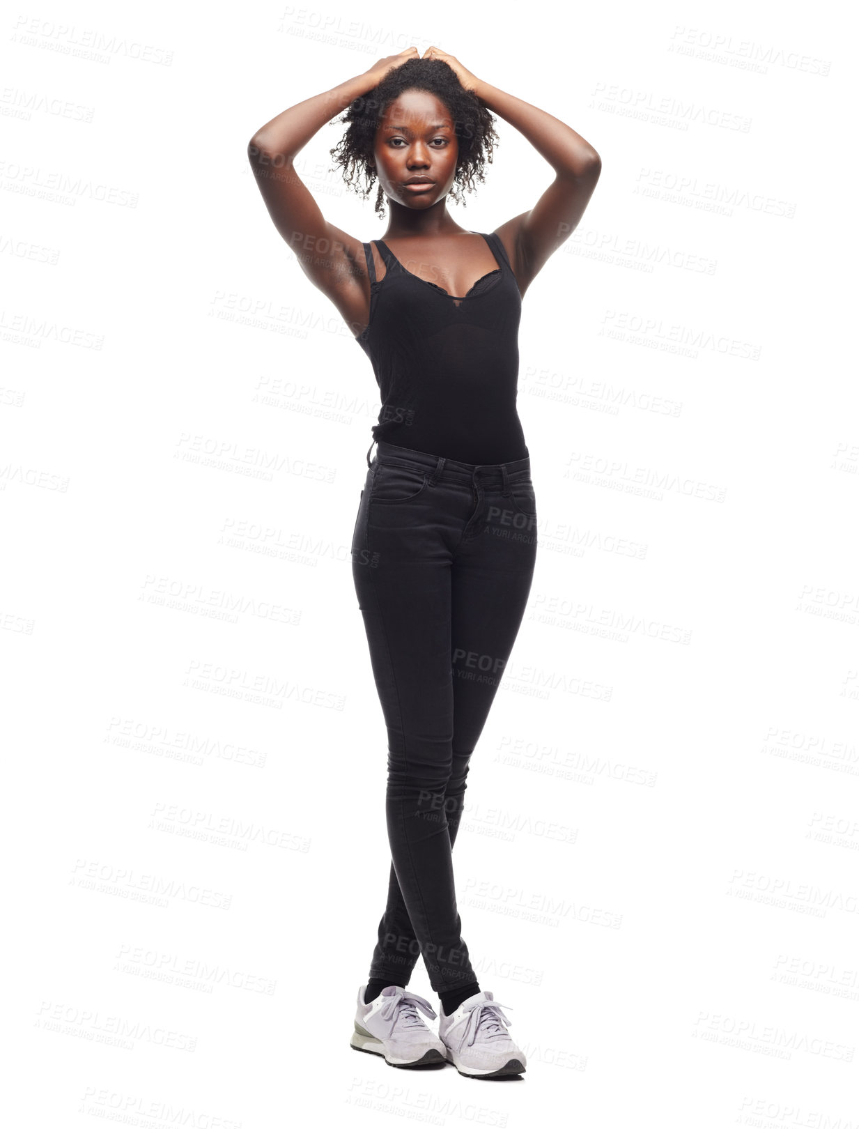 Buy stock photo Fashion, beauty and portrait of a black woman in a studio with a casual outfit, confidence and natural pose. Beauty, young and African female model with afro posing while isolated by white background