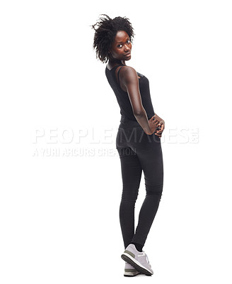 Buy stock photo Back, portrait and black woman with fashion, happy and stylish lady isolated on white studio background. Female with smile, beauty or confident girl with casual outfit, edgy clothes and summer trip