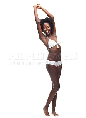 Buy stock photo Black woman, underwear and happy for body beauty, summer fitness exercise and skincare motivation. African model, smile and skincare wellness, body positivity and cosmetics dermatology in bikini