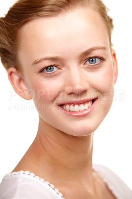 Buy stock photo Woman, smile and portrait of beauty from skincare with confidence in white background or studio. Happy, face and girl with dermatology, care and glow on skin from cosmetics, treatment or makeup
