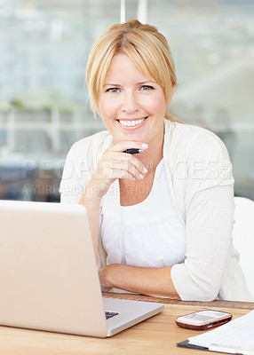Buy stock photo Portrait, smile and business woman with laptop in office, workplace or company. Computer, happiness and female professional, entrepreneur or person from Australia with confidence and pride in career.