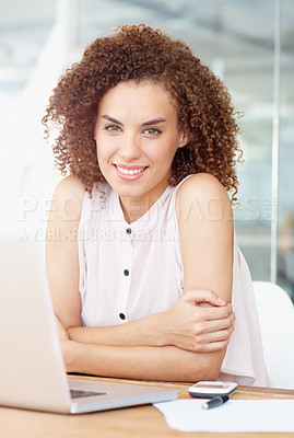 Buy stock photo Portrait, happy and business woman with laptop in office, workplace or company. Computer, smile and female professional, entrepreneur or person from Australia with confidence and pride in career.