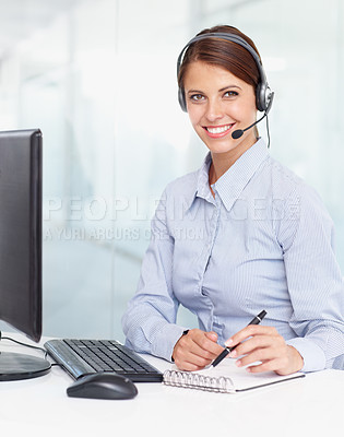 Buy stock photo Portrait business woman, call center and writing notes in book for customer service, support or telesales at office. Happy of female consultant with smile and notebook for online advice at workplace