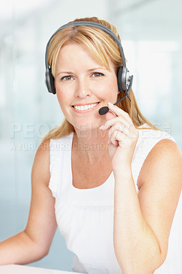 Buy stock photo Happy business woman, portrait and call center in customer service, support or telemarketing at the office. Face of female consultant with smile and headphones for online advice or help at workplace