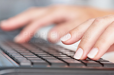 Buy stock photo Closeup, hands and business woman typing on a computer in office for planning, research and email marketing. Keyboard, fingers and person online for management, proposal and review, report and plan